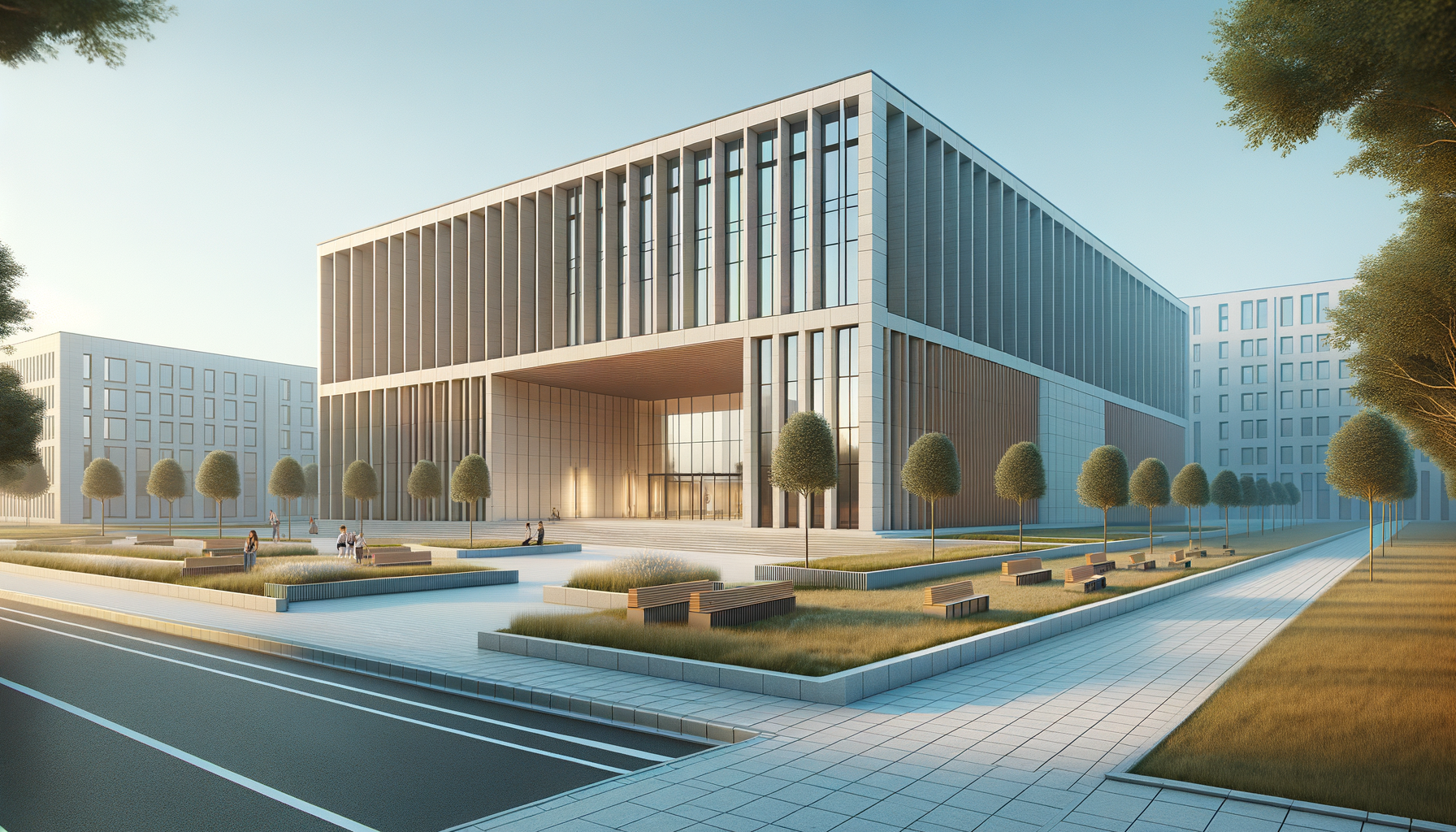 Modern office building with large glass windows, surrounded by landscaped grounds and trees, during daylight.