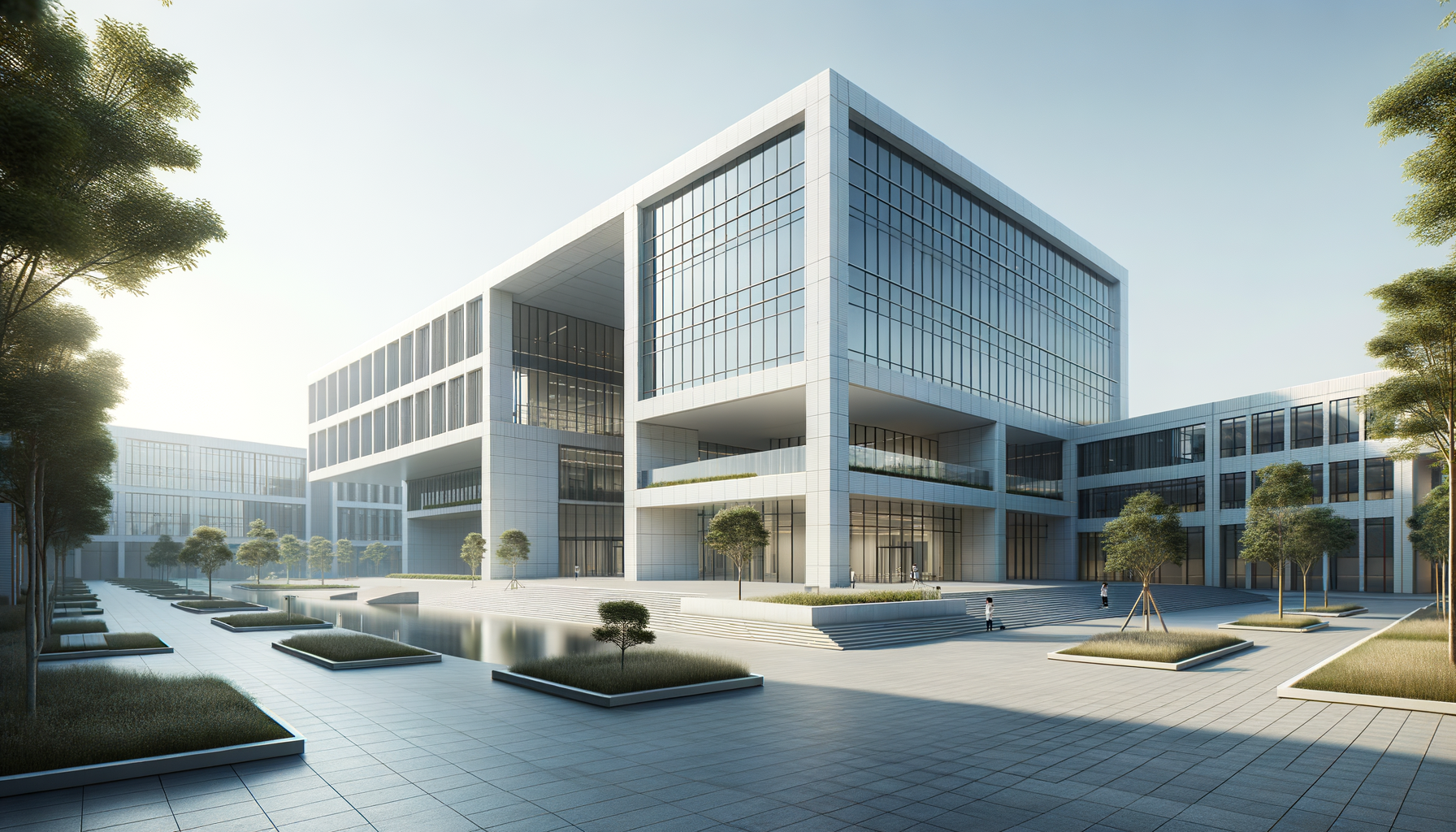 Modern office building with glass facade, surrounded by trees and a water feature, with wide steps leading to the entrance.