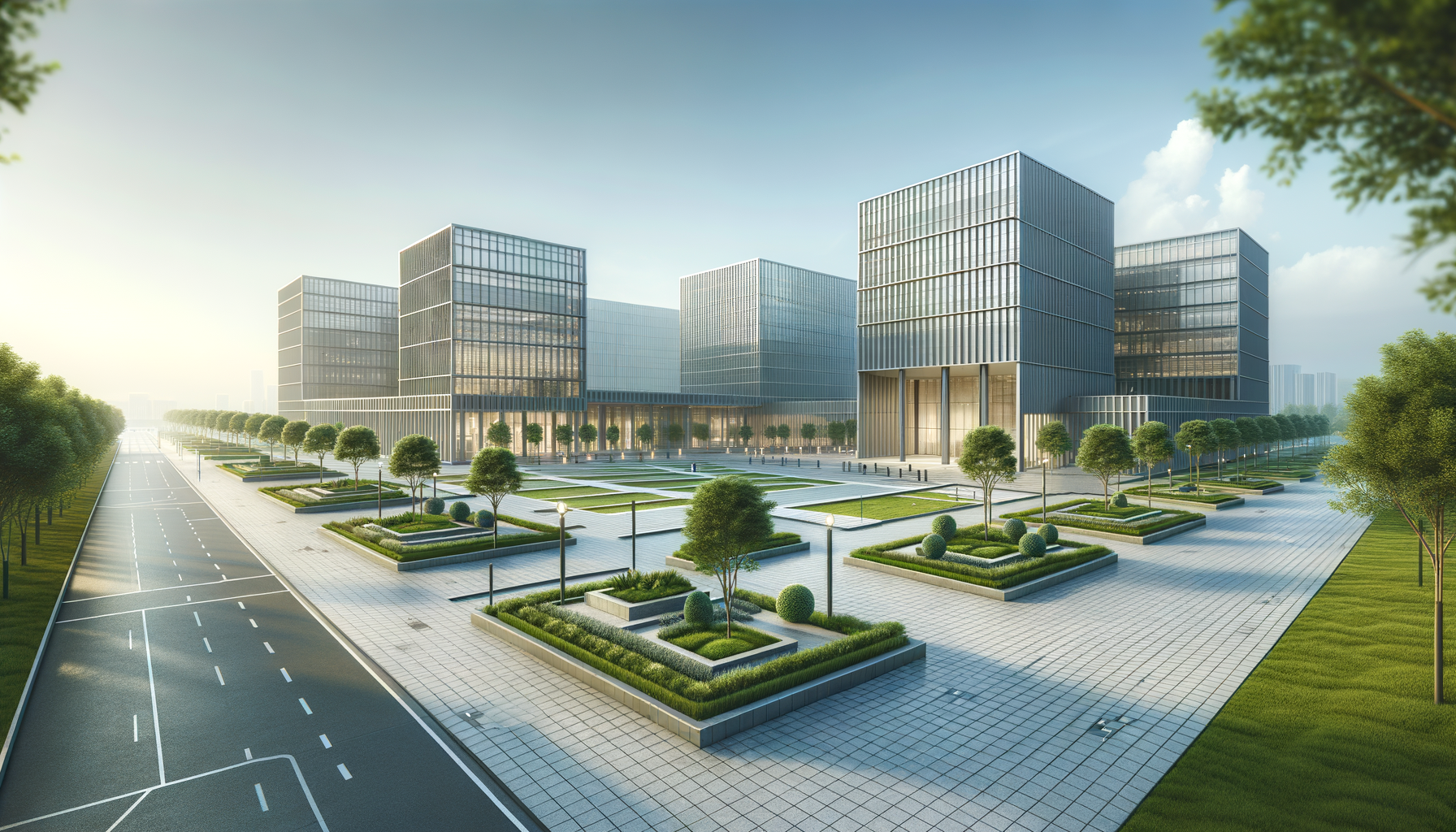 A modern office building complex with tall glass structures and landscaped green areas, including trees, bushes, and paved walkways, under a partly cloudy sky.