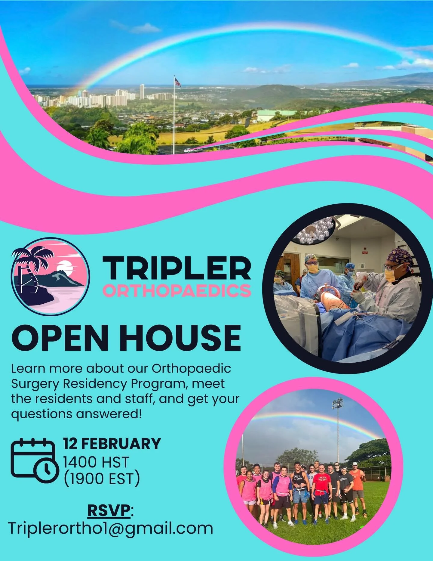 Open house on February 12 at 2PM HST

Email us at triplerortho1@gmail.com or DM us to RSVP and receive the link! 

#TriplerOrtho #OrthoResidency @milortho