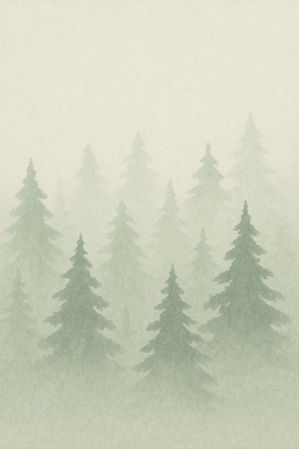 Faint silhouettes of pine trees in a misty forest with a pale, textured background.