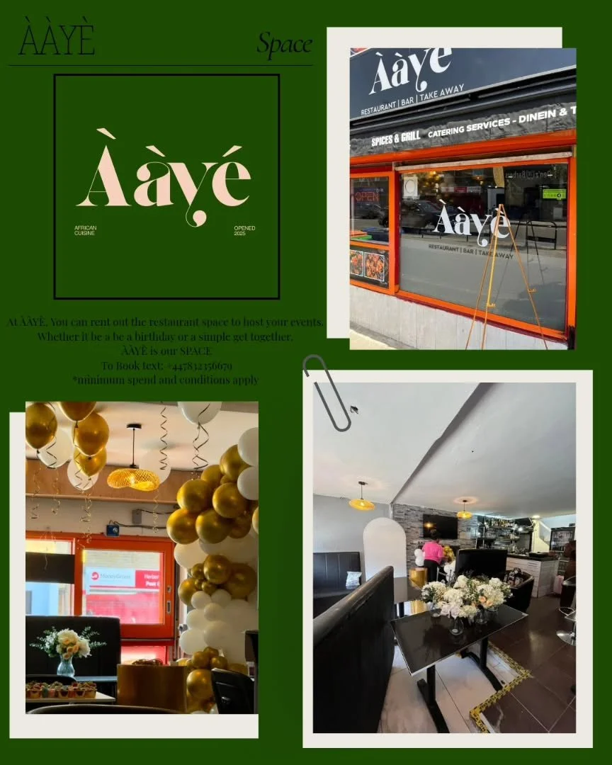At &Agrave;&Agrave;Y&Egrave;, You can rent out the restaurant space to host your events. 
Whether it be a be a birthday or a simple get together. &Agrave;&Agrave;Y&Egrave; is our SPACE.
To Book text: +447832356679
*minimum spend and conditions apply 
