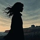 Silhouette of a woman with hair blowing in the wind during sunset or sunrise, outdoors.