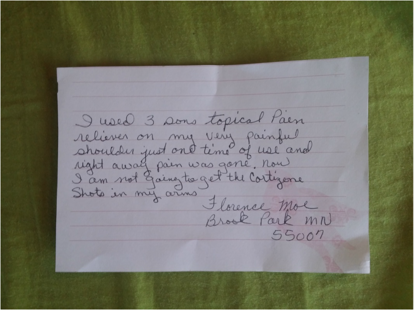 A handwritten note on lined paper describing the use of topical pain reliever to relieve shoulder pain, signed by Florence Moe from Brooklyn Park, MN, postcode 55007.