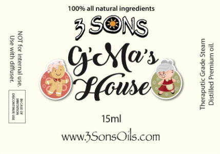 Label for 3 Sons G'Ma's House scented oil, featuring Christmas-themed characters, indicating 100% natural ingredients, 15ml size, and the website www.3SonsOils.com.