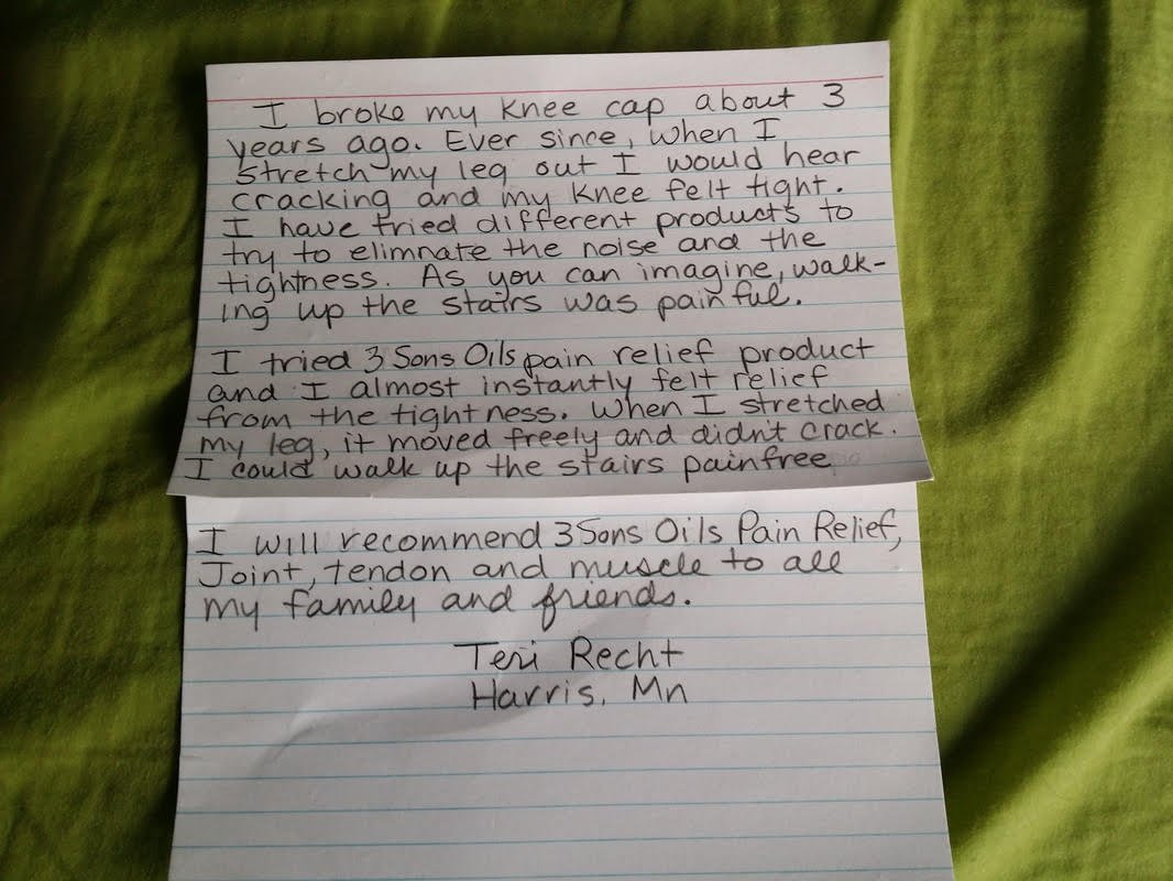 A handwritten letter on lined paper about personal experience with knee pain, mentioning trying different products and recommending 3 Son Oils for pain relief, signed by Teri Recht from Harris, Minnesota.
