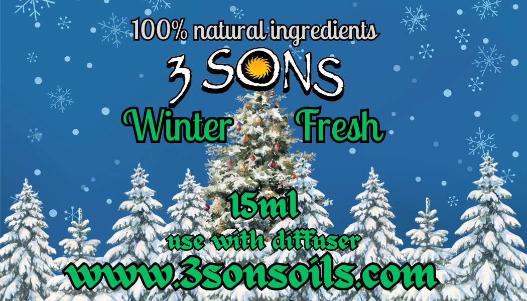 Label  for advertising 3 Sons Winter Fresh essential oil, 15ml size 100% Natural Ingredients