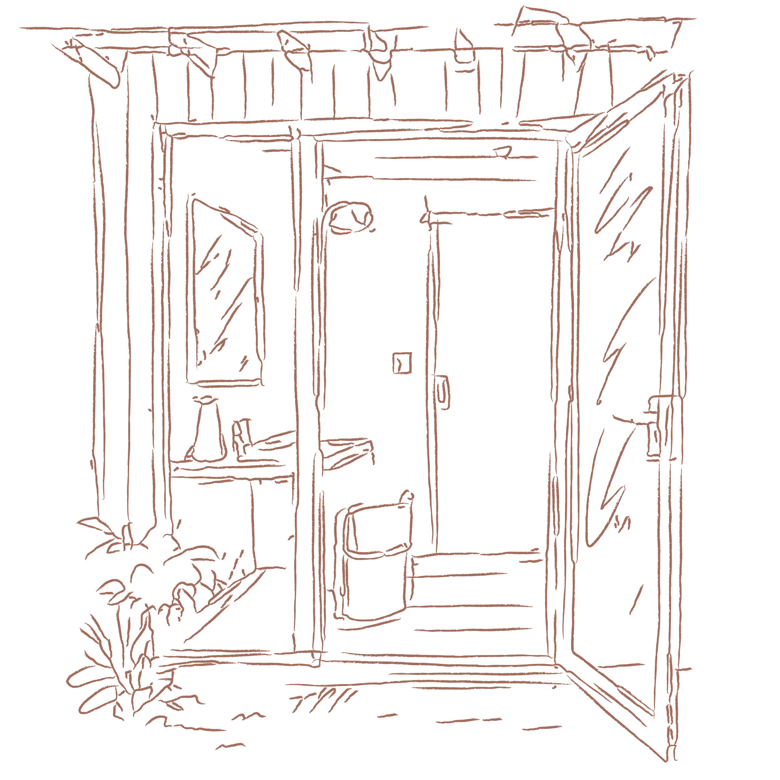 Line drawing of a bathroom shower with a glass door, a shower head, a mirror, and potted plants on the floor near the shower.