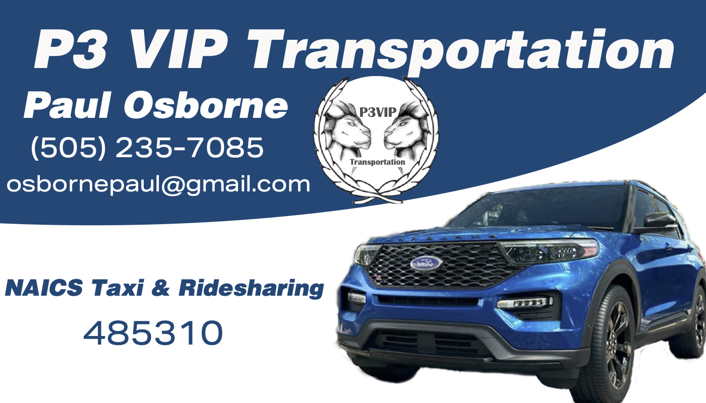 A digital graphic promoting P3 VIP Transportation, featuring a blue Ford SUV, with contact information and a logo of two unicorns facing each other.