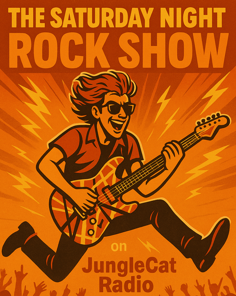 Poster advertising a rock music show on JungleCat Radio featuring a cartoon man with sunglasses playing an electric guitar, surrounded by lightning bolts and raised hands in the audience.