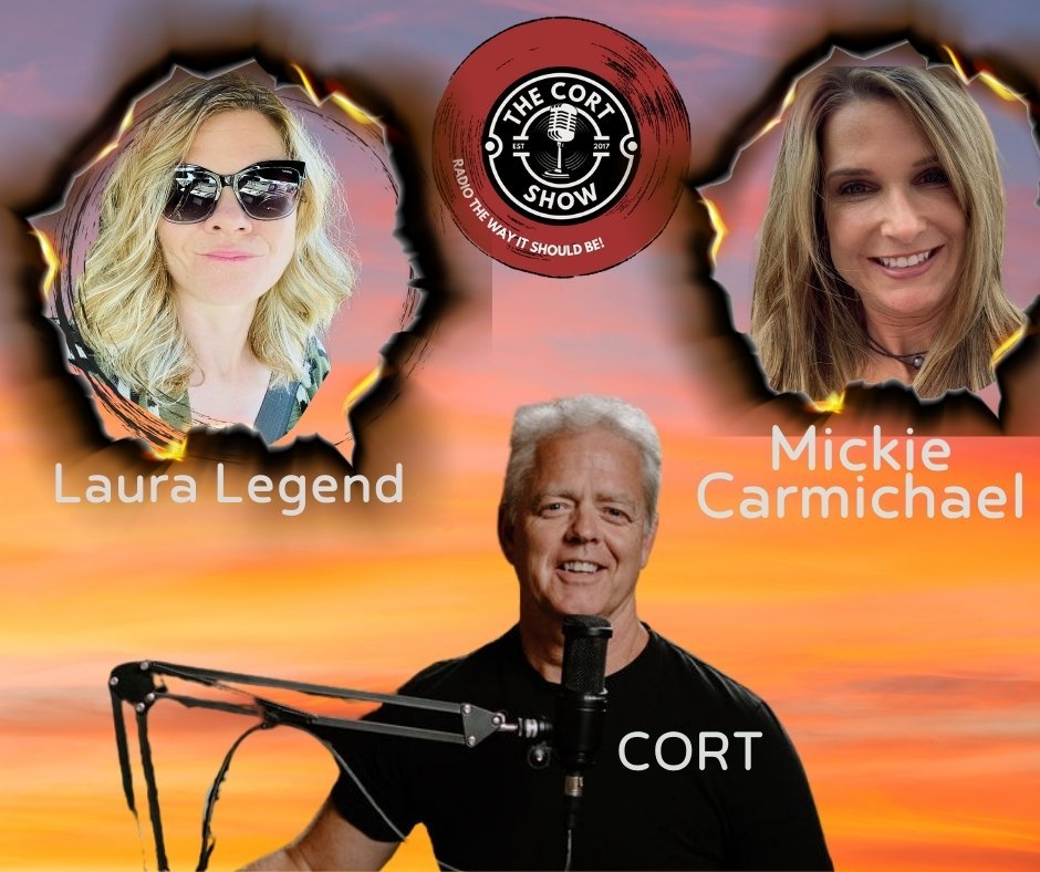 A promotional graphic for 'The Cort Show' podcast featuring hosts Laura Legend and Mickie Carmichael with a sunset background.