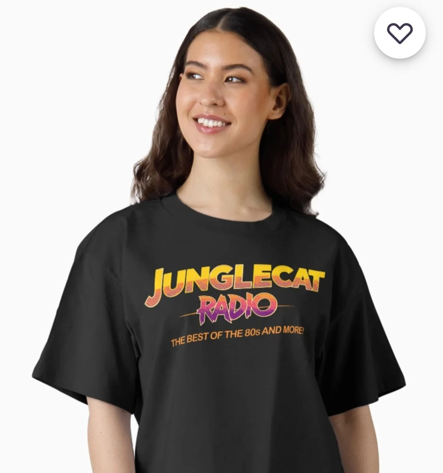 A woman with long brown hair wearing a black T-shirt with colorful text that reads 'Jungle Cat Radio - The Best of the 80s and More!'