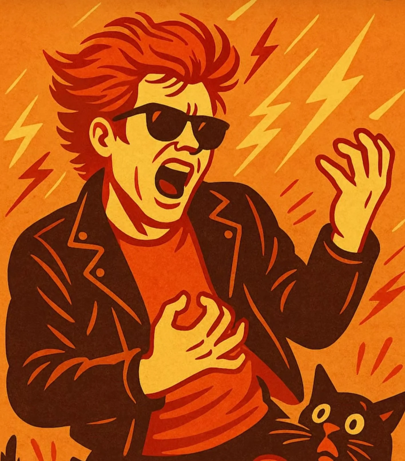 A cartoon illustration of a person with spiky hair, wearing sunglasses and a leather jacket, singing passionately with one hand on their chest and the other raised. A black cat with yellow eyes is sitting nearby. The background is orange with yellow lightning bolts.
