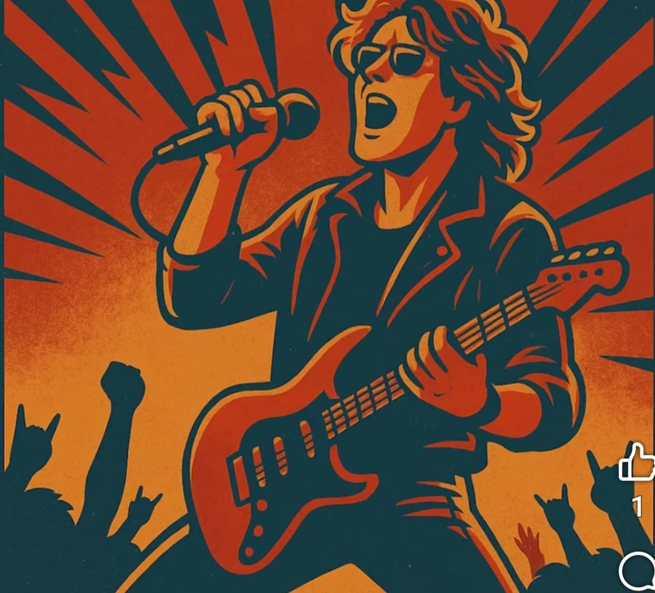 Illustration of a rock musician with curly hair and sunglasses, singing into a microphone while playing an electric guitar, with a crowd raising fists and hands in the background and orange rays emanating from behind.