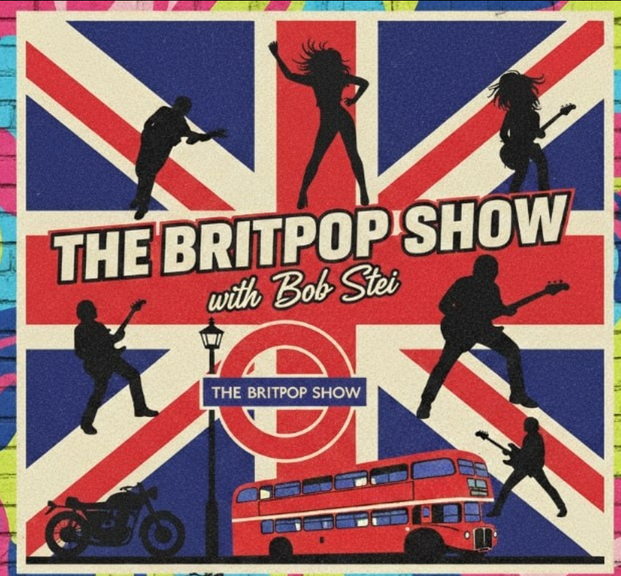 Poster for 'The Britpop Show' with Bob Stei features silhouettes of six musicians playing guitars and a double-decker bus, set against a stylized Union Jack flag background with vibrant colors.