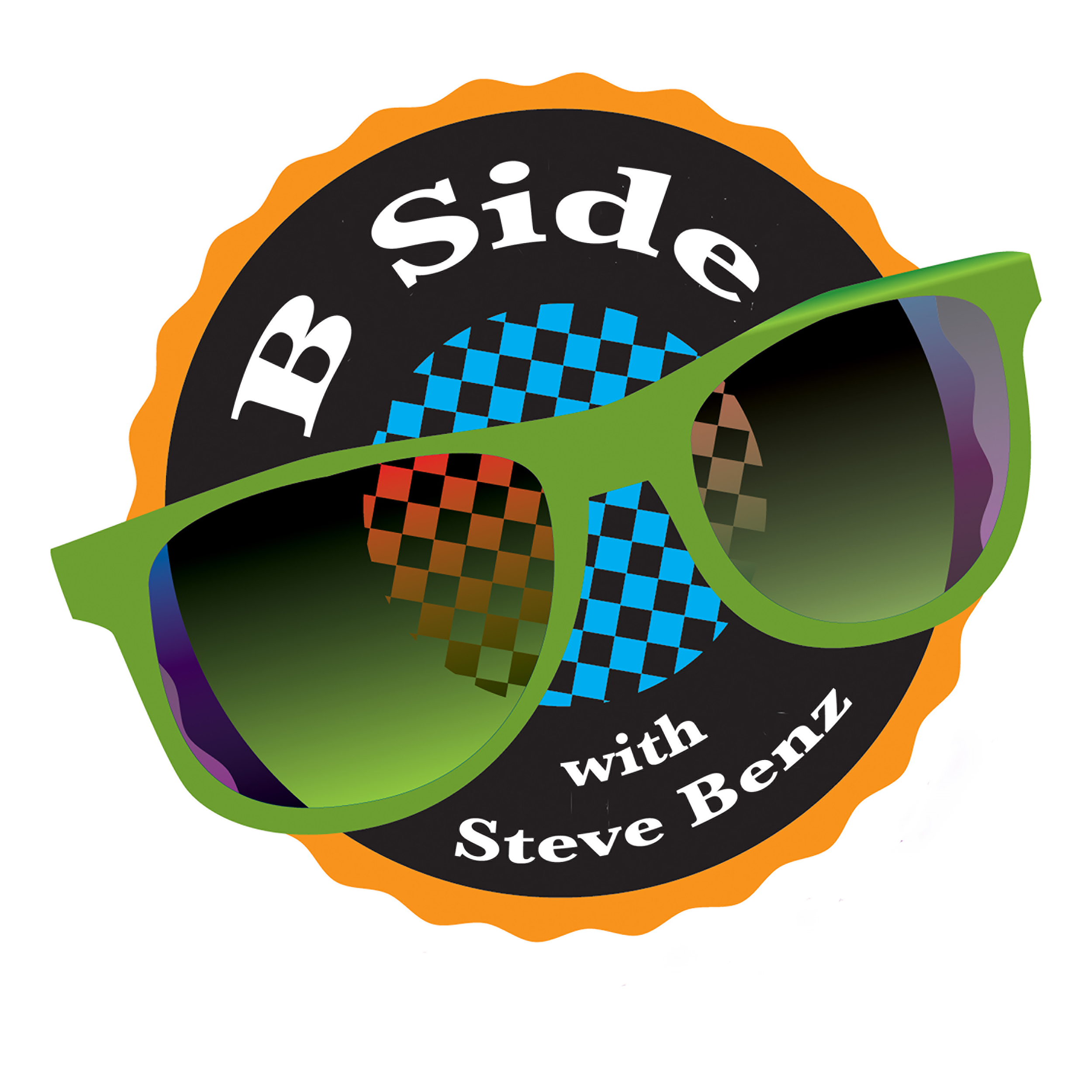 Logo for 'Bob Sideshow with Steve Benz' featuring a black circle with an orange scalloped border, a blue and red checkered globe, and green sunglasses with purple-tinted lenses.