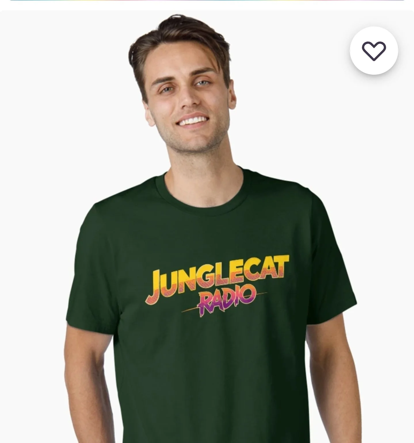 A young man with brown hair and a slight smile wearing a dark green T-shirt with colorful text that says 'Junglecat Radio' across the front.
