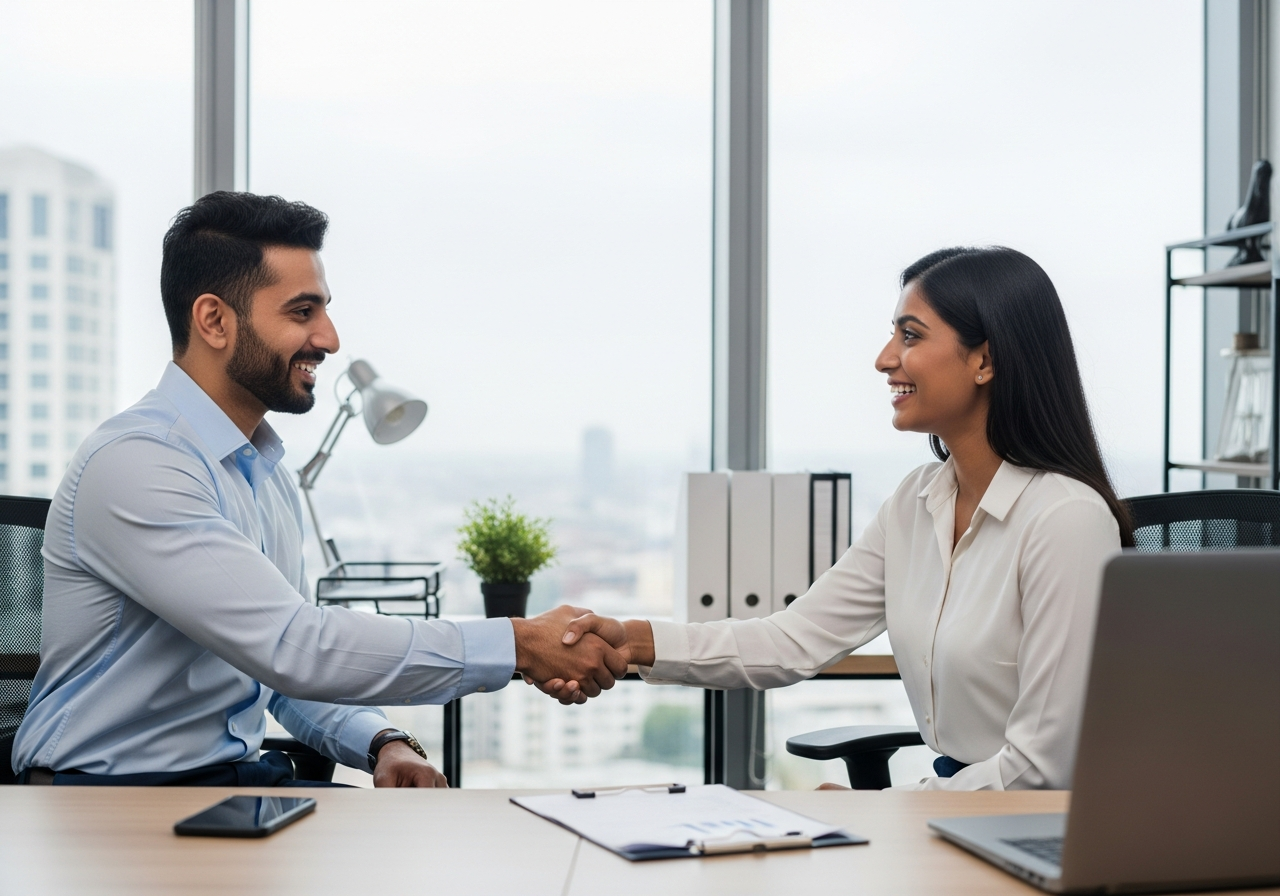 Two professionals, a man and a woman, smiling and shaking hands in an office with large windows and city view.