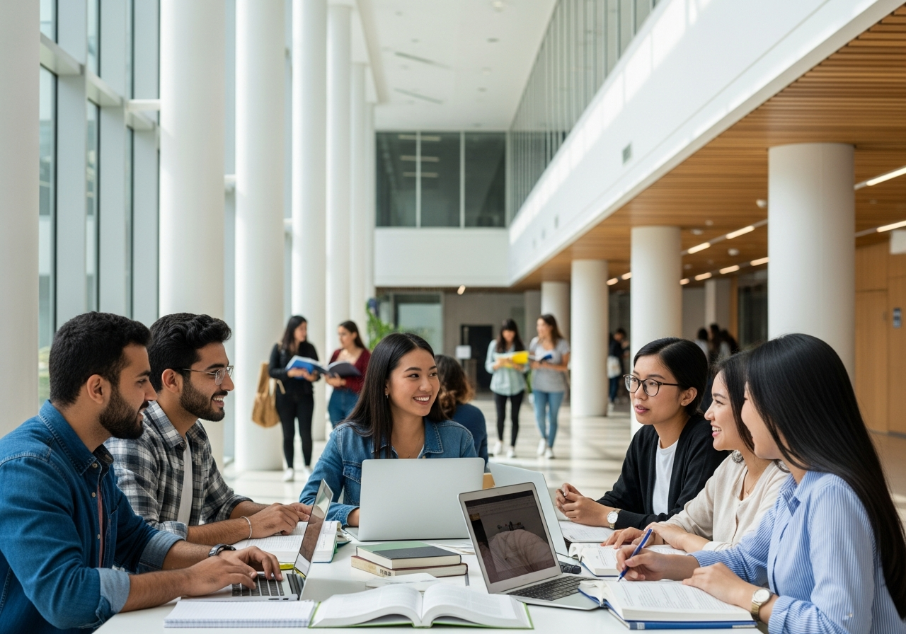 Group of young diverse students studying and talking around a table in a bright modern university lobby.