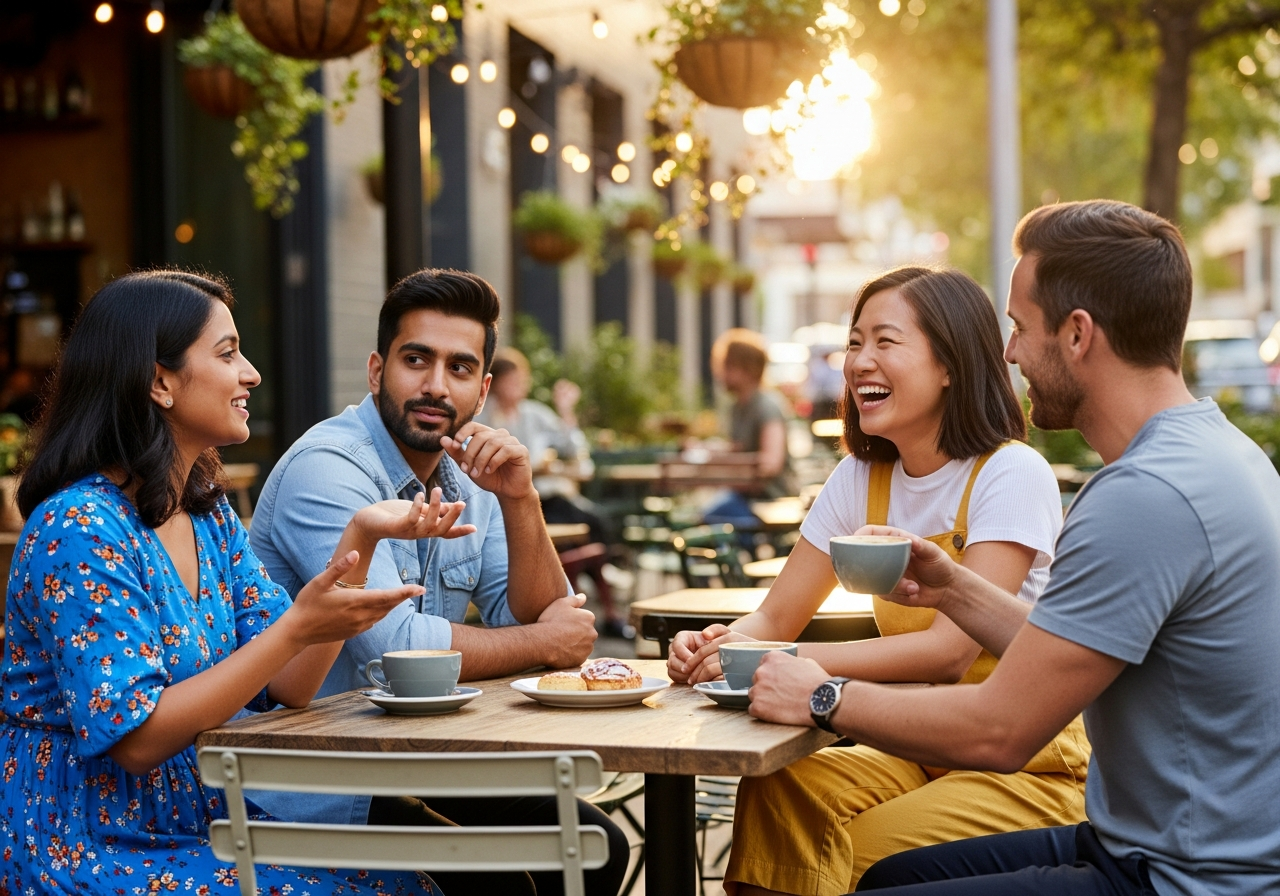 Group of four friends talking and laughing at an outdoor café table during sunset, with coffee cups and a plate of pastries.