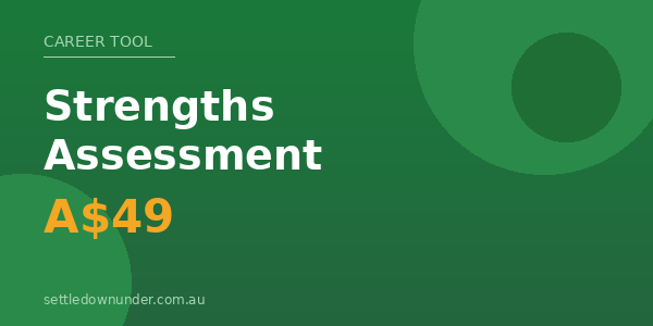 Green background with text 'Strengths Assessment' and price 'A$49', and website 'settledownunder.com.au'.