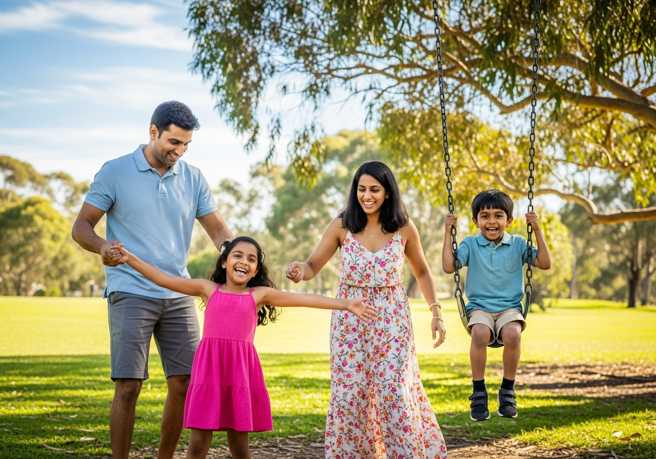 A family of four enjoying time together in a park, with two children on swings and the parents holding their hands, smiling and laughing on a sunny day.