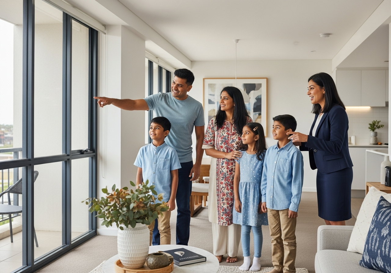 A family sample with a woman and a man with three children and a woman, standing in a modern living room, looking out a large window and smiling.