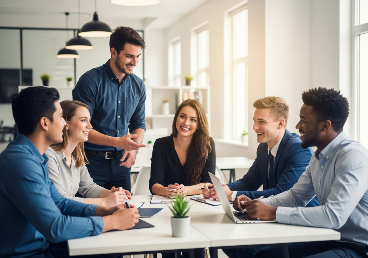 Colleagues discussing in office