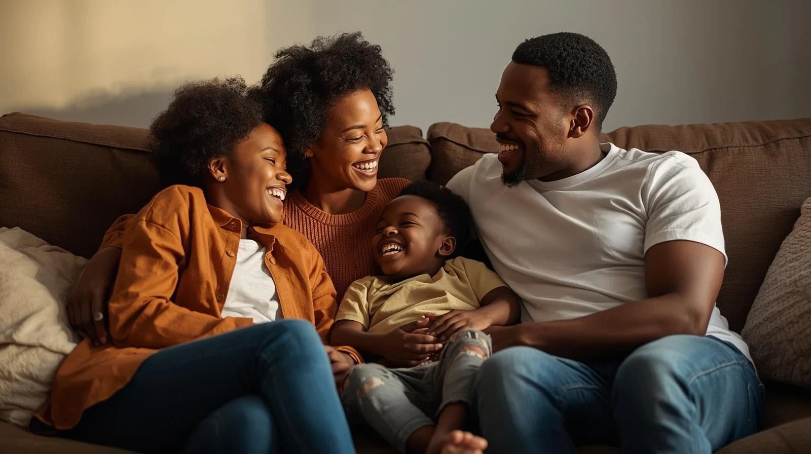 Family of four sitting on a couch, laughing and enjoying each other's company.