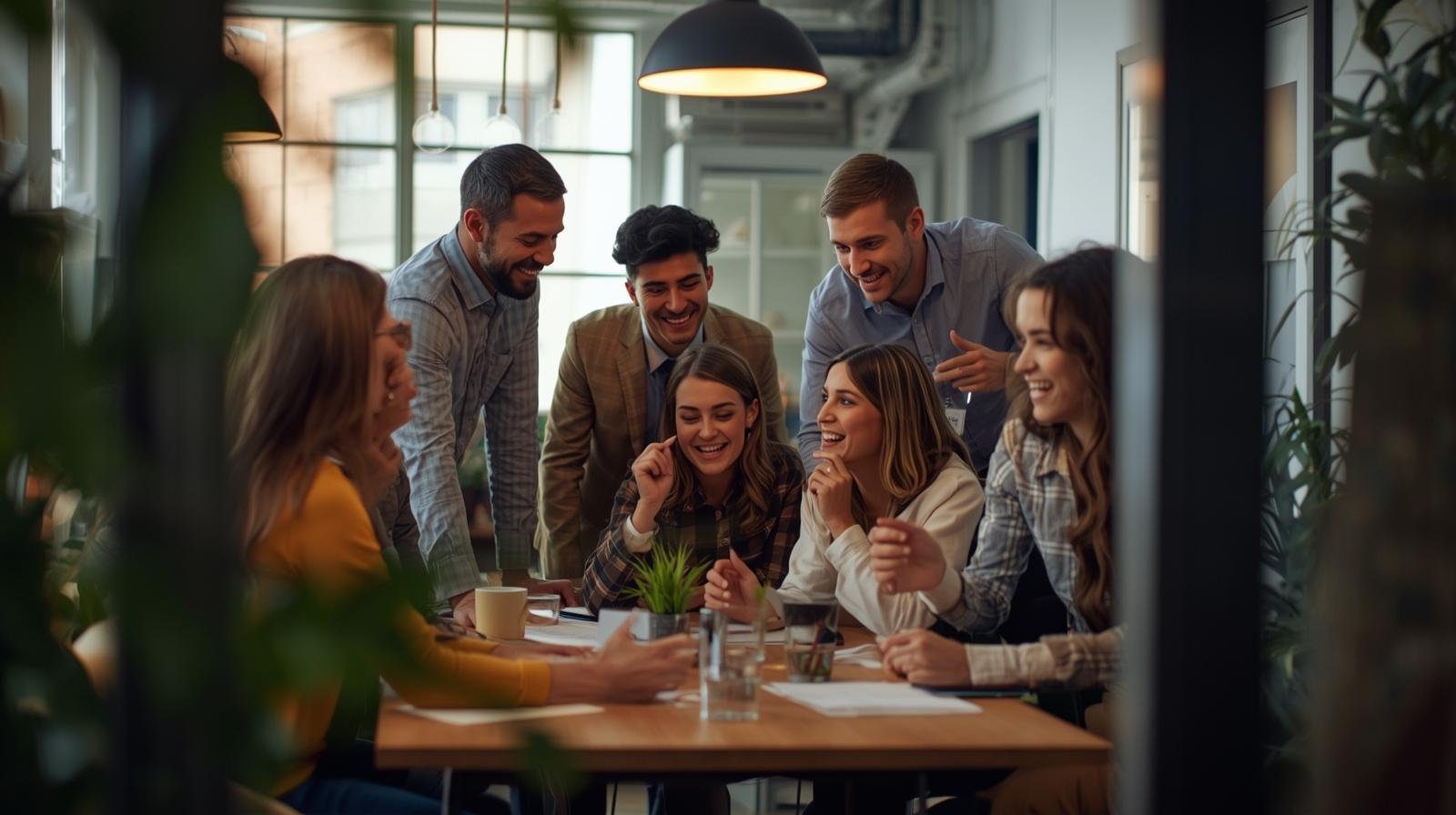 A group of eight young adults gathered around a table in a modern office, smiling and laughing while looking at a smartphone. The setting has large windows, potted plants, and hanging lights.