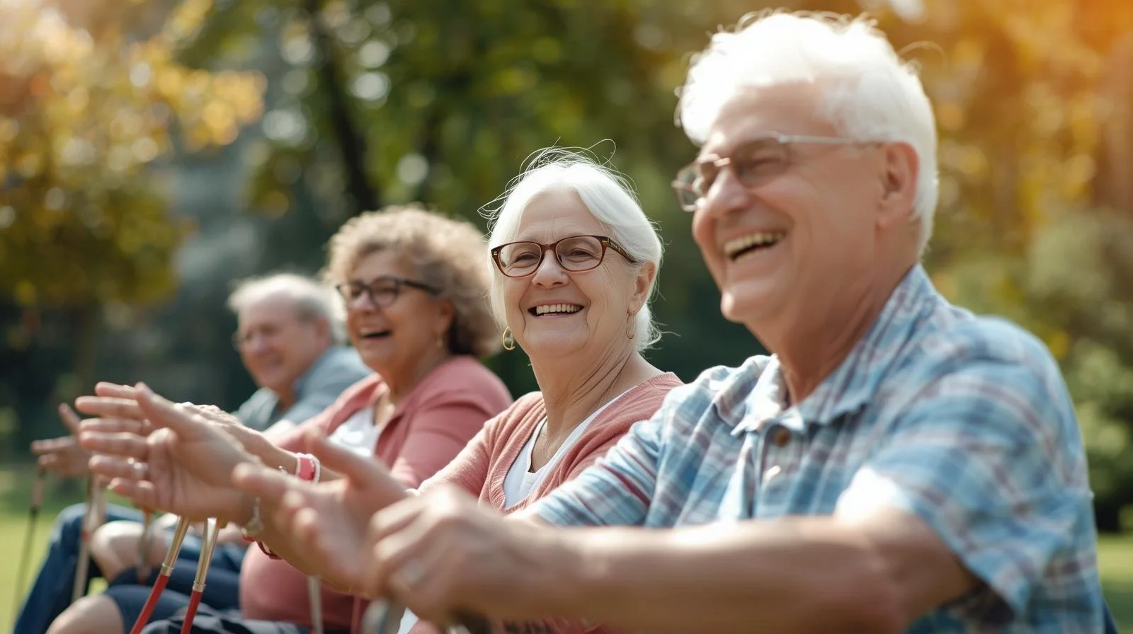 Group of four elderly people sitting outdoors, smiling and clapping, with trees in the background.
