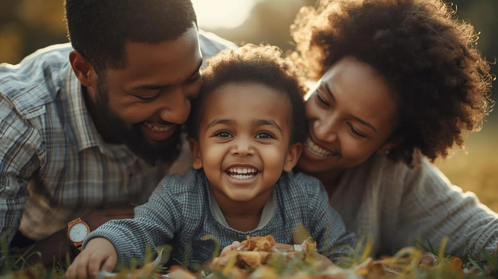 A happy family of three - a father, mother, and young child - lying on the grass outdoors, smiling and enjoying time together during sunset.