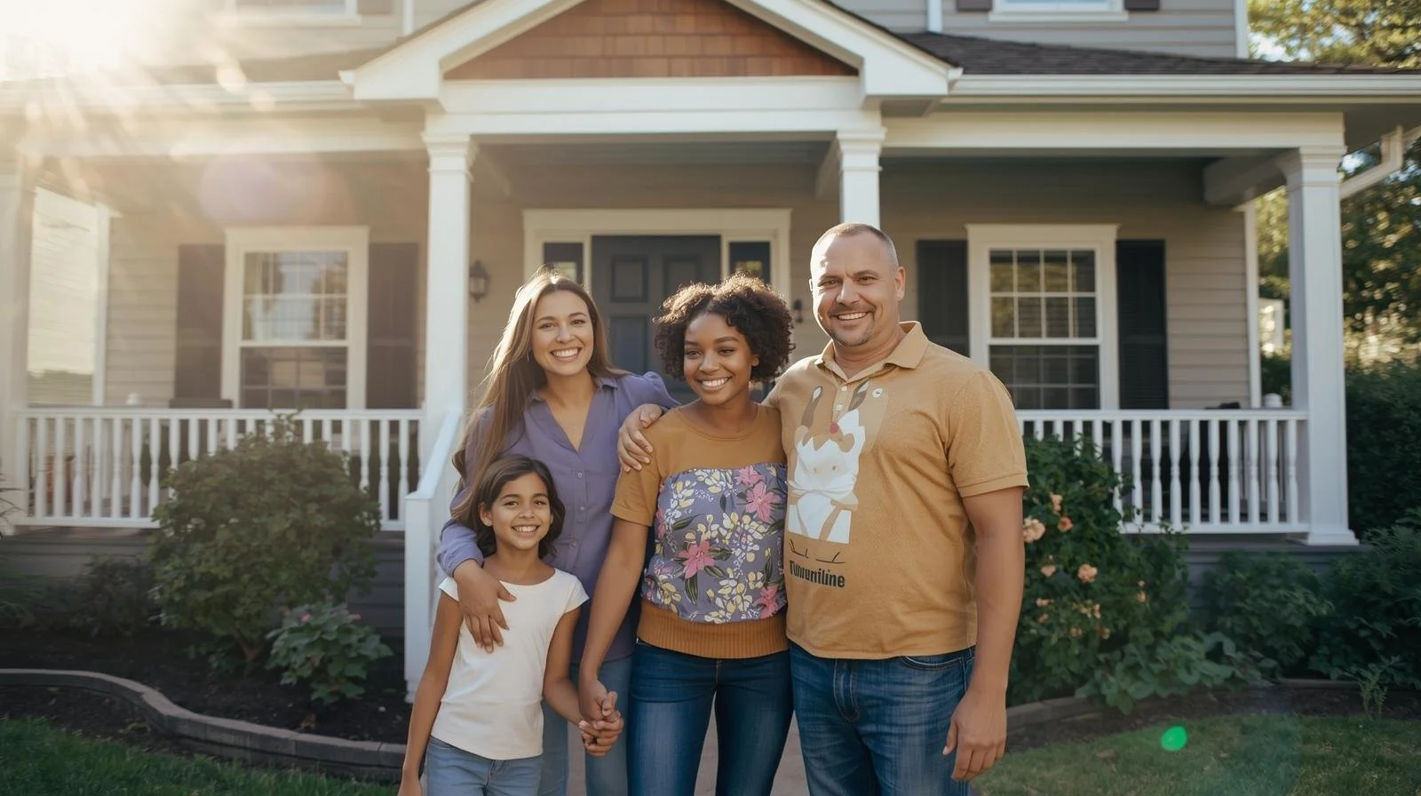 A diverse family of five smiling and standing in front of their house on a sunny day, holding hands.