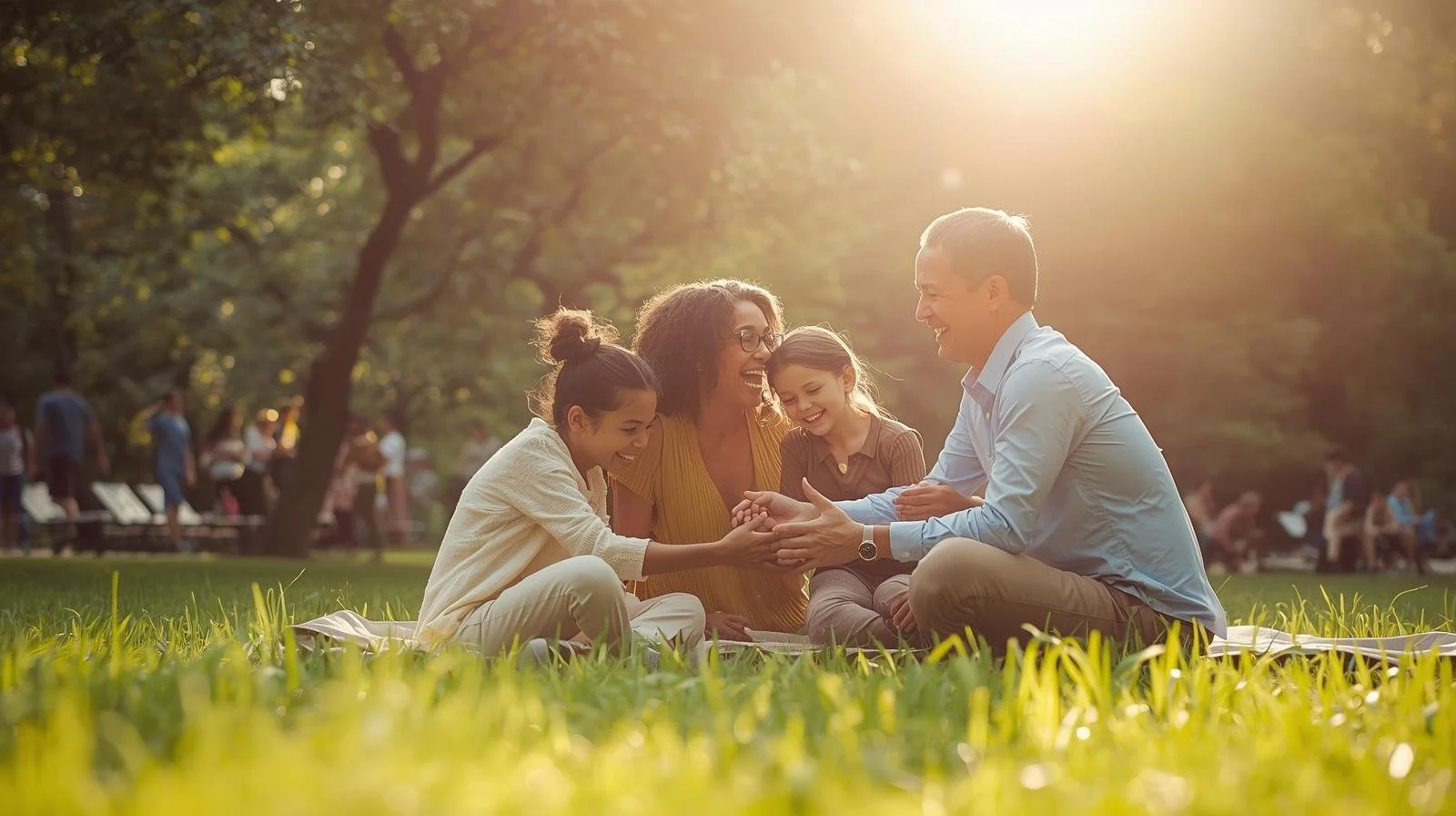 A multigenerational family sitting on a blanket in a park, laughing and enjoying each other's company during sunset.