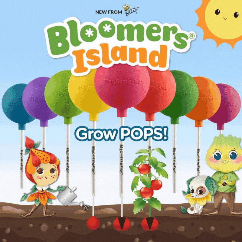 Colorful illustrated lollipops with the words 'Bloomers Island Grow Pops!' and cute animated characters including a girl with a strawberry hat, a girl with a pineapple head, and a small dog, all in a playful outdoor setting with a smiling sun.