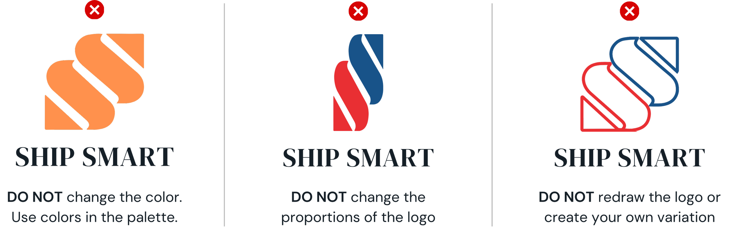 Guidelines for logo design and color use. The image includes three sections: the first shows a logo with orange and black colors, advising not to change the color and to use the colors in the palette; the second shows a logo with red, blue, and black colors, advising not to change the proportions; the third shows a logo with red, blue, and black on a gray background, advising not to redraw or create a variation of the logo.