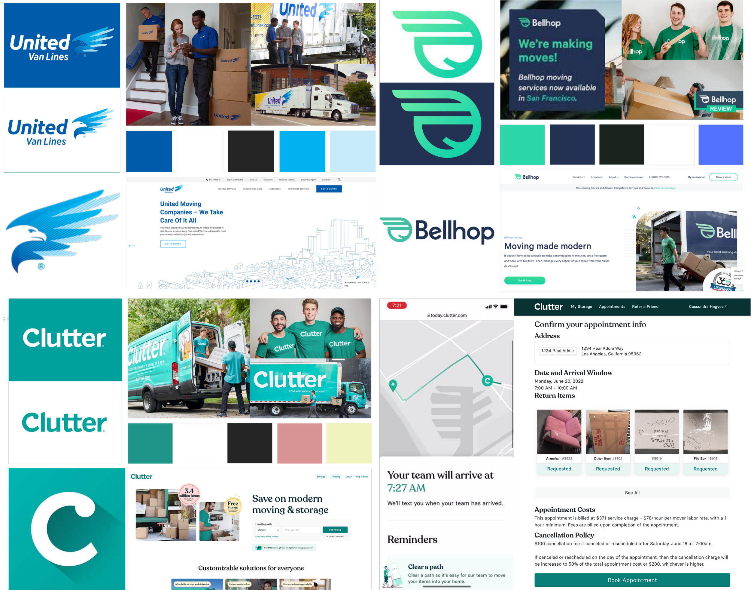 Collage of various moving and storage company branding and websites, including United Van Lines, Bellhop, and Clutter, with images of trucks, movers, and storage spaces.