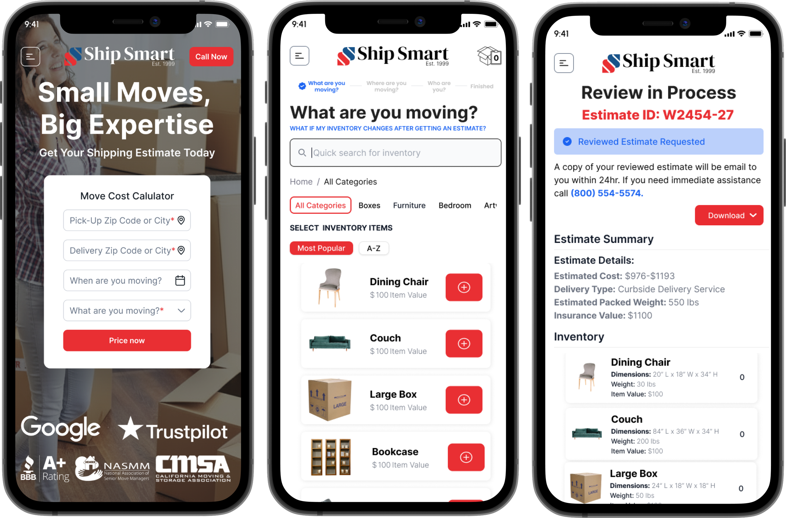 Screenshots of a mobile app for Ship Smart showing the process of getting a moving estimate, selecting inventory items, and reviewing the estimate in process.