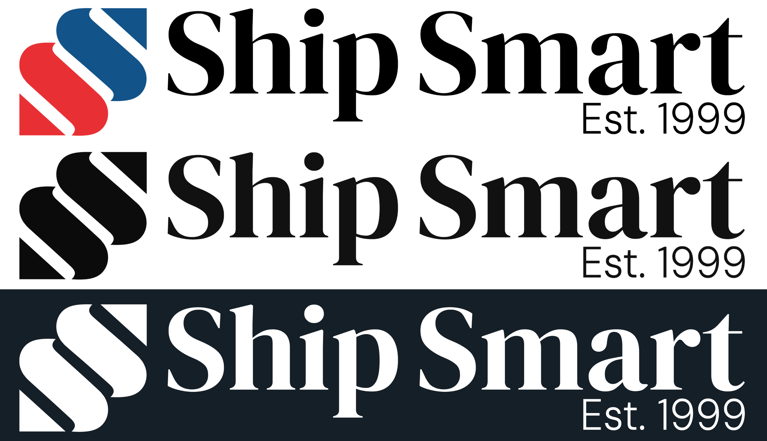 Logo for ShipSmart with red and blue graphic of a ship's bow, black and white text, and "Est. 1999".