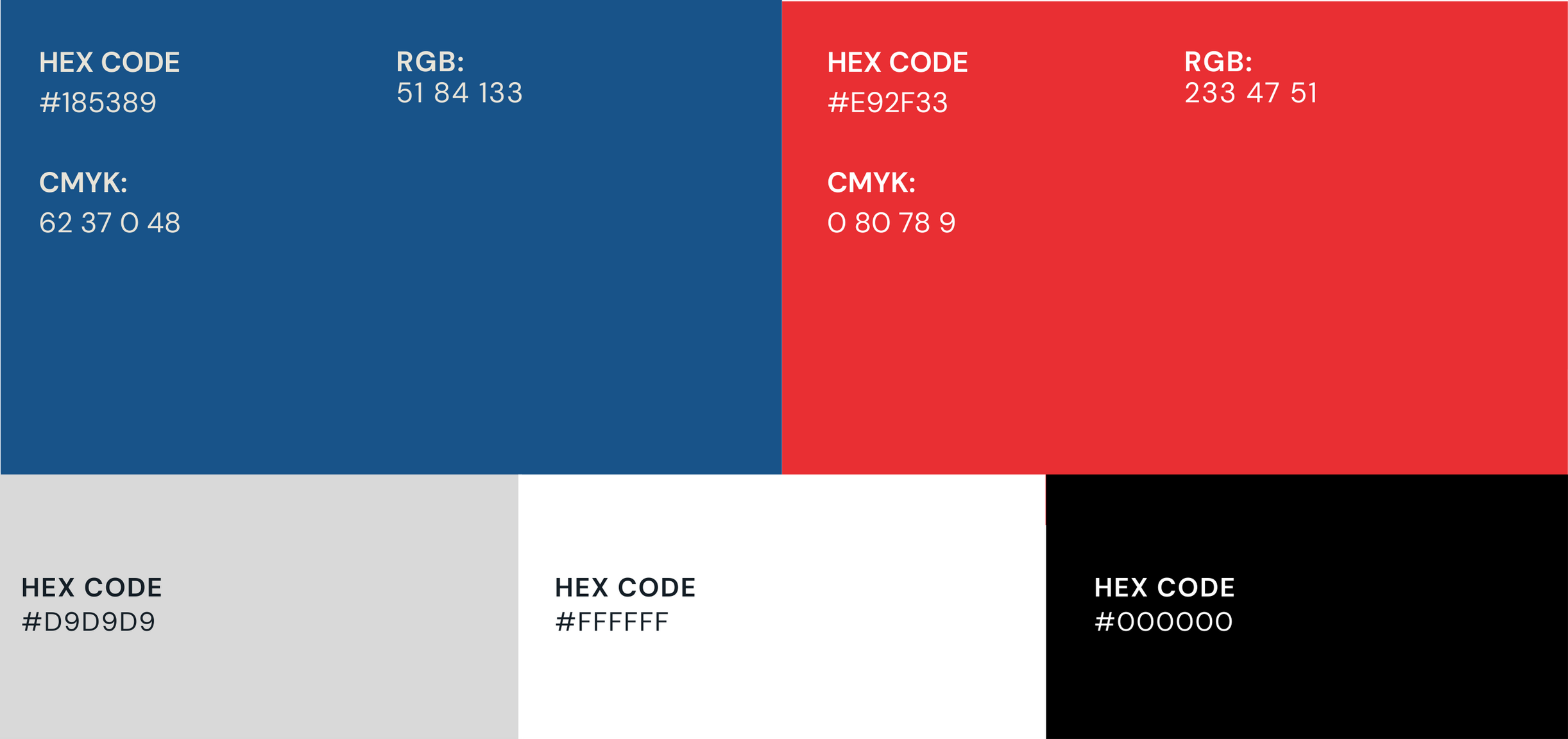 A color palette with six color swatches and their hex codes, RGB, and CMYK values. From top left to bottom right: dark blue, red, light gray, white, black.
