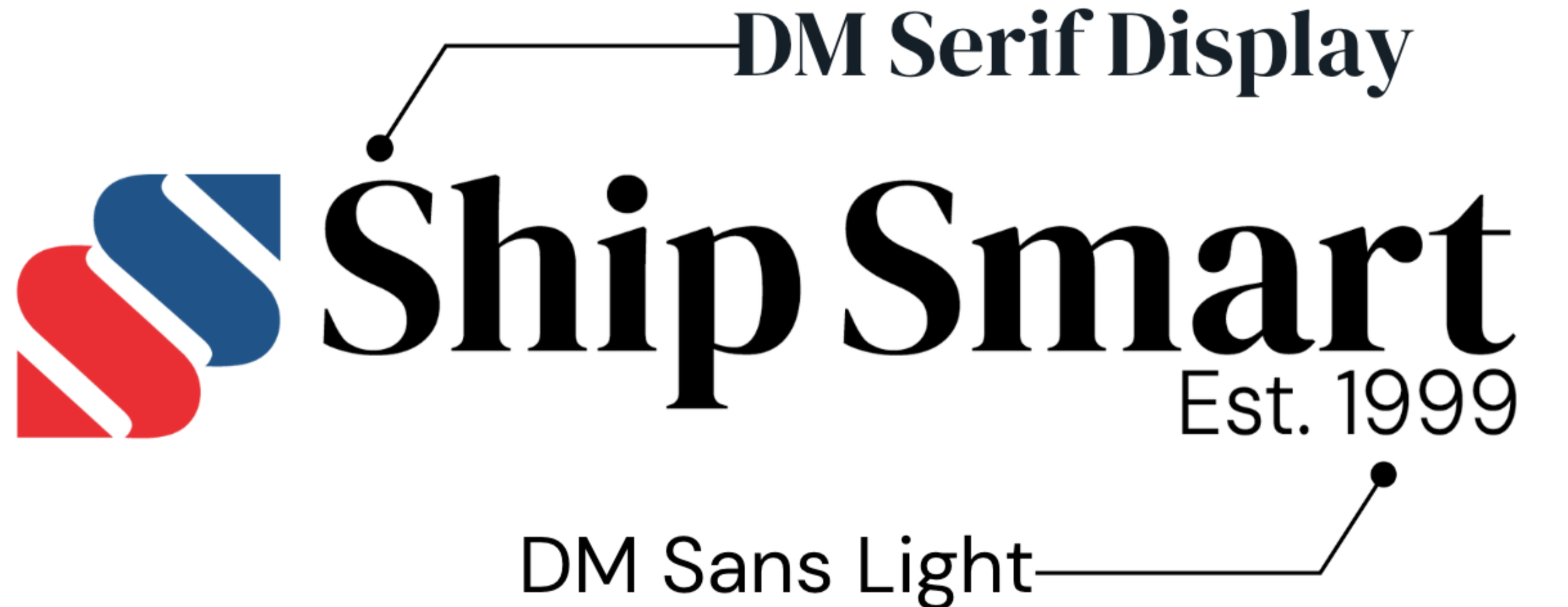 onsite Logo with a stylized S in red and blue, with black text that reads 'DM Serif Display', 'ShipSmart', and 'Est. 1999'. Additional text 'DM Sans Light' at the bottom.
