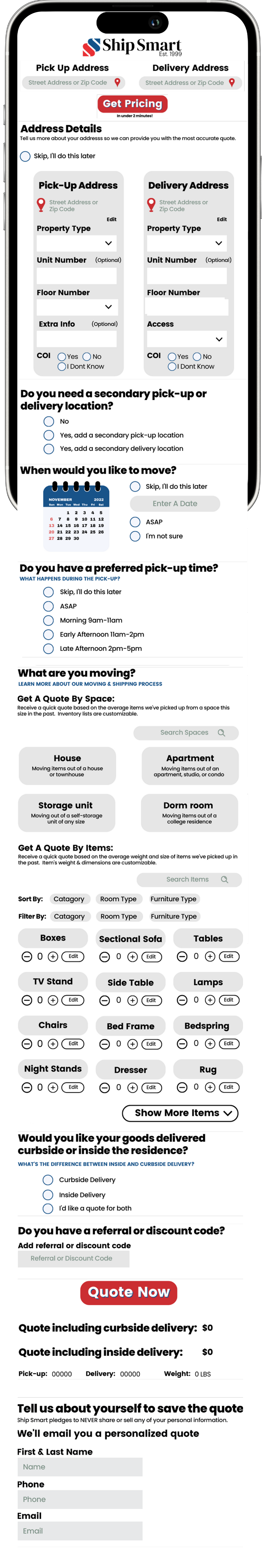 A mobile phone screen displaying a shipping quote website with sections for pick-up and delivery addresses, package details, and options for furniture and items delivery, along with a booking calendar and cost estimation details.