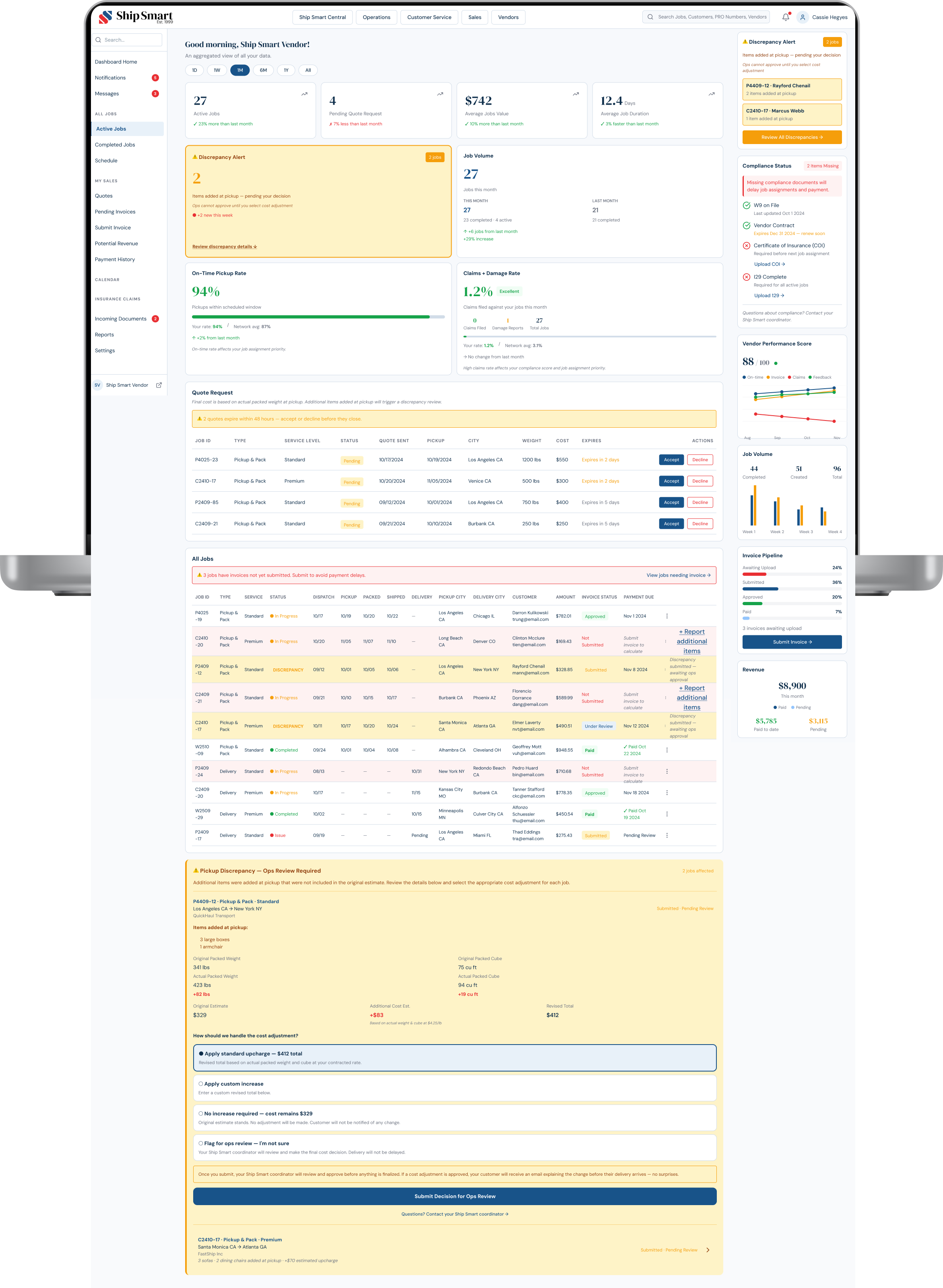 QuickHaul Transport logged in,  Discrepancy Alert banner for P4409-12, all jobs table, discrepancy decision flow with radio options (Apply standard upcharge / Custom increase / No increase / Flag for ops review).