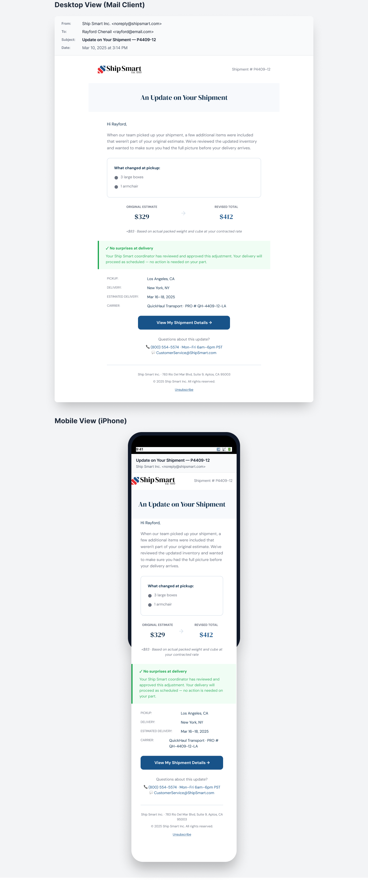 Discrepancy approval email  desktop and mobile. 'An Update on Your Shipment’' items added at pickup, $329 → $412 revised total, 'No surprises at delivery' confirmation, carrier and delivery date details.
