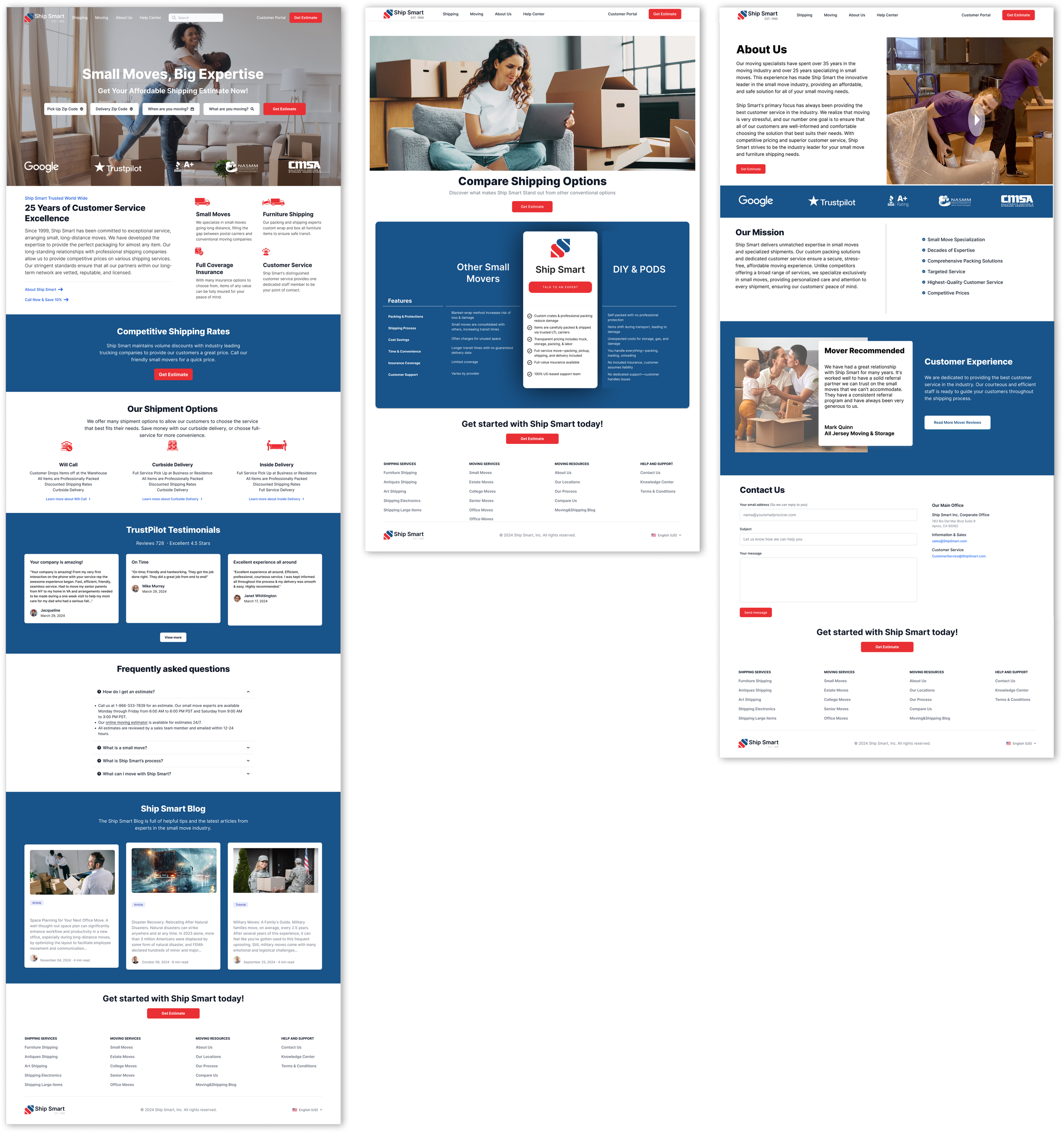 Screenshots of a shipping company's website featuring home, about us, contact, and blog pages. The pages include images of people packing or moving, information about shipping services, customer reviews, and a call-to-action button for estimates.