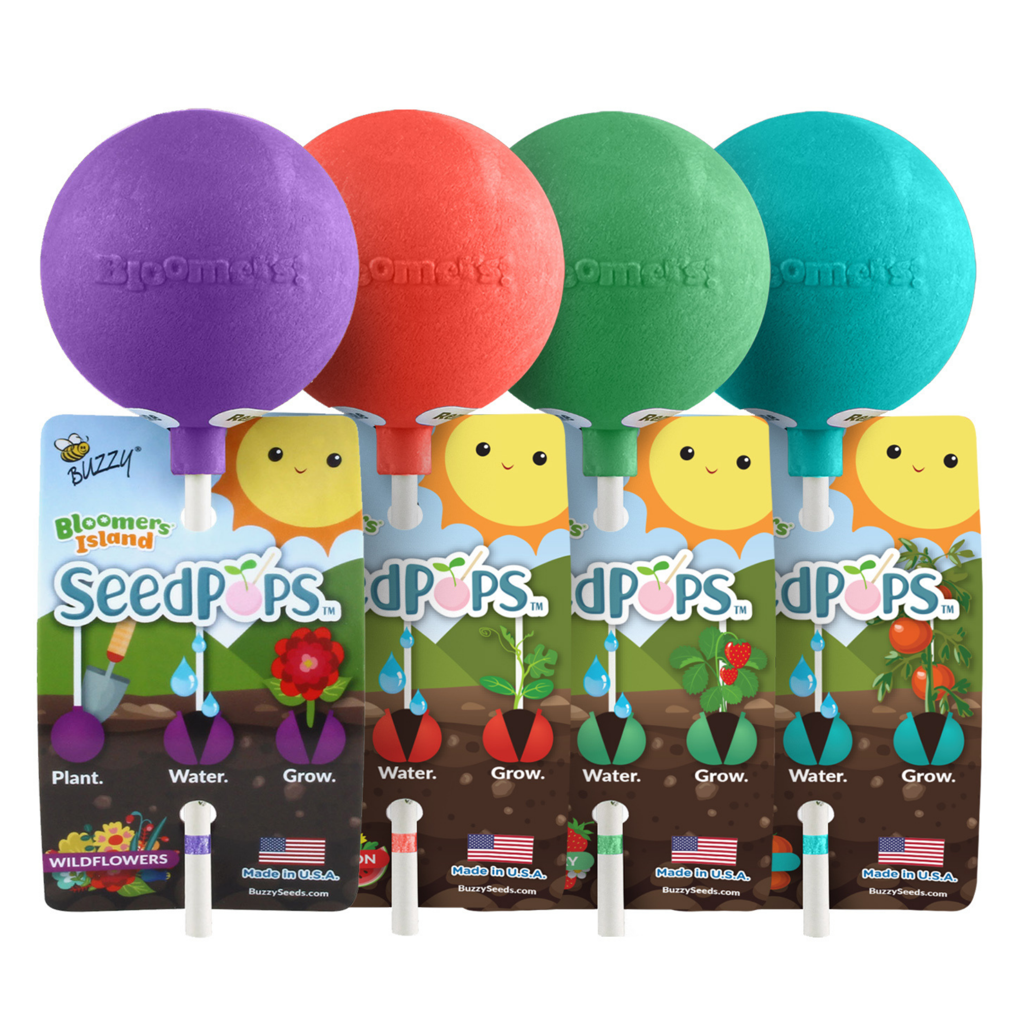 Set of four colorful water balloons with smiling faces attached to seed packet tags showing planting instructions for different flowers and vegetables.