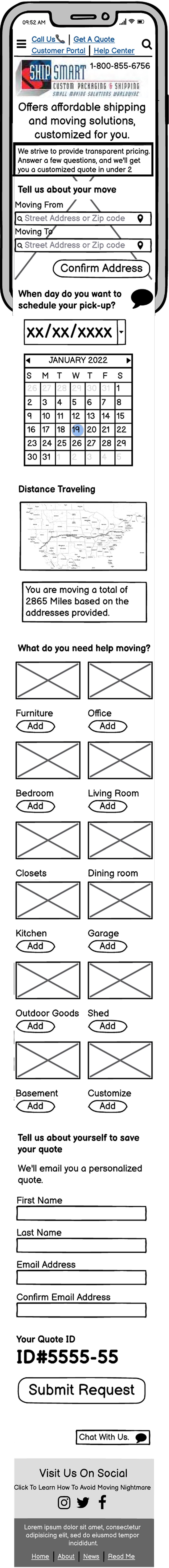 Screenshot of a mobile app interface for a moving service. Features include options for movement quotes, address input, scheduling, route map, and various moving needs like furniture, Office, bedroom, living room, kitchen, garage, outdoor goods, shed, basement, and customization. Also includes fields to enter personal details for a quote, with a submit button.