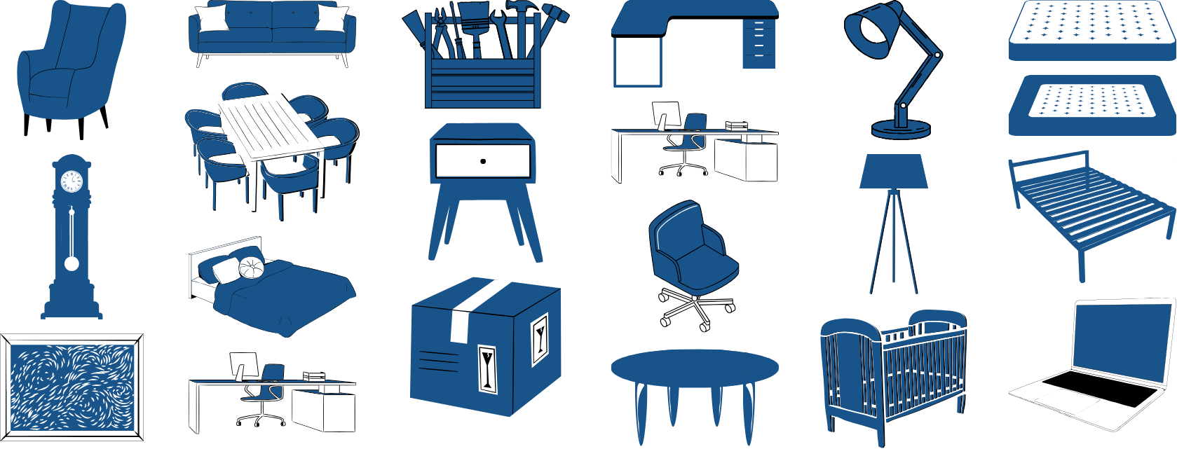 Collection of blue and white household furniture and items including a recliner, sofa, garden tools, desk, lamp, mattress, grandfather clock, bed, chest, office chair, baby crib, laptop, and decorative objects.