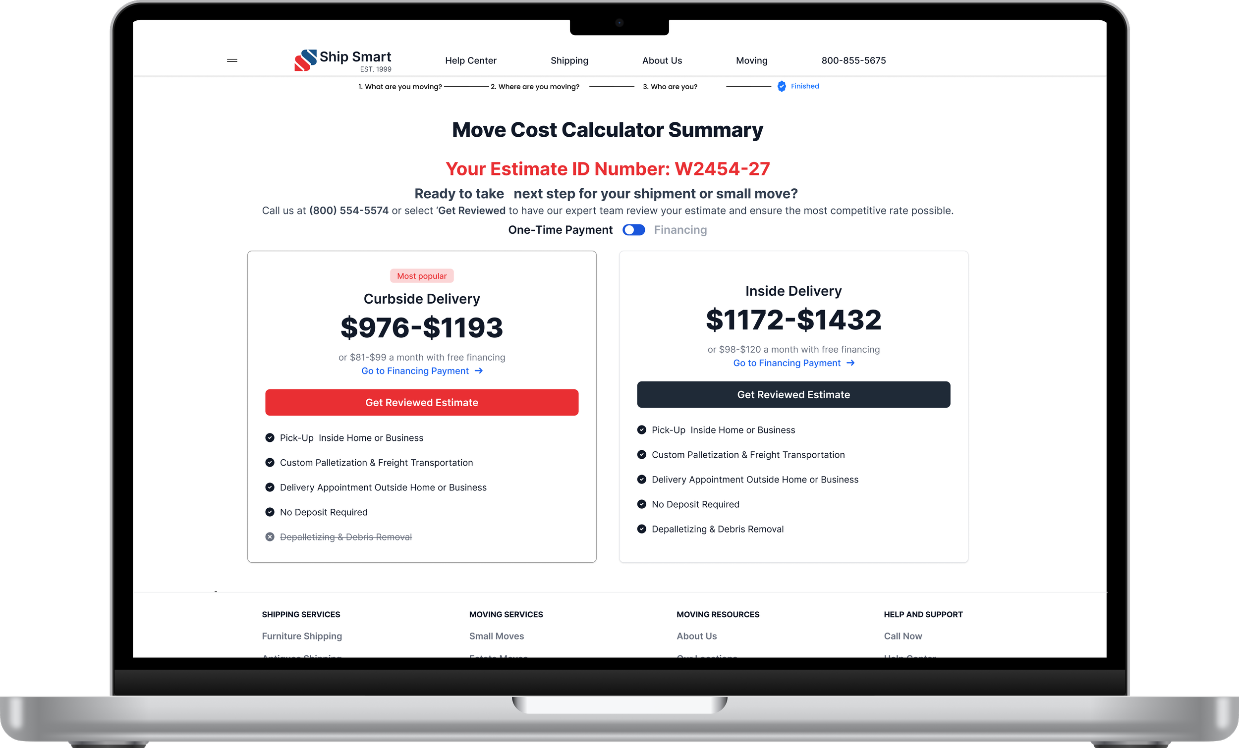 Screenshot of a move cost calculator webpage from Ship Smart, displaying estimated prices for curbside and inside delivery services, with options for financing and estimate review.