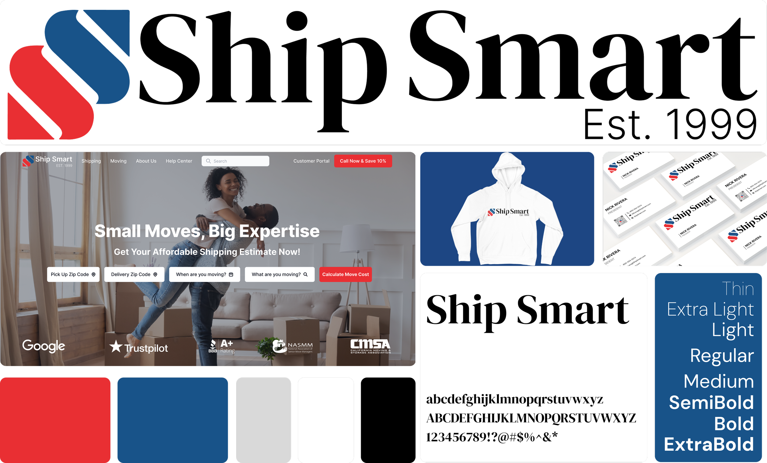 A collage featuring the logo and branding materials of Ship Smart, established in 1999, including a website screenshot advertising affordable shipping estimates, a white hoodie with the Ship Smart logo, business cards with the logo, and a font sty